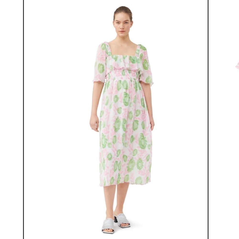 GANNI Smocked Midi Dress 2XL NWT Pink Green Square Neck